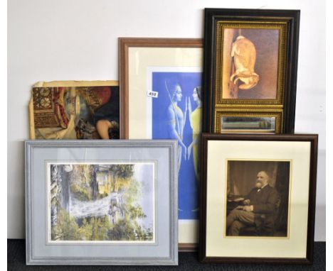 An unframed Pear's print and four framed prints.