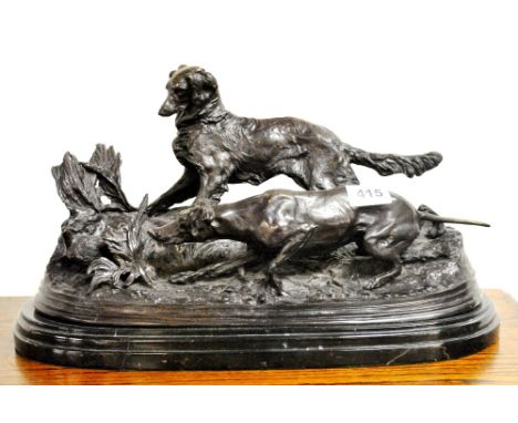 A large cast bronze figure of two hunting dogs on a marble base after Mene, H. 25cm, W. 46cm.