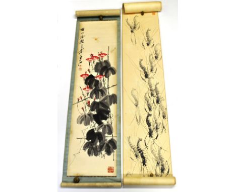 A hand painted Chinese scroll of shrimps (W. 33cm) and further hand painted scroll of water lilies with a dragonfly (W. 40cm)