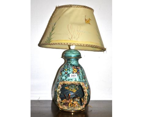 A 1960s Gauldot ceramic table lamp with original hand painted shade, H. 56cm.