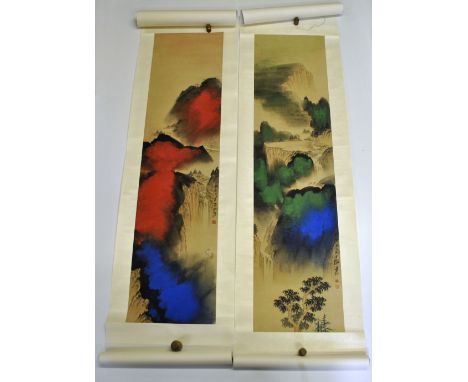 Two Chinese watercolour scroll paintings mounted on silk after Zhang Daqian, W. 45cm.