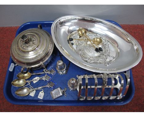 A Pair of Small Hallmarked Silver Pepperettes, three hallmarked silver and enamel teaspoons, "K.E.L. 1928-9" "1931-2" "1932-3