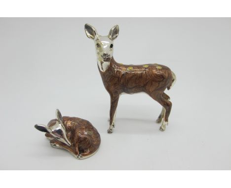 A Saturno Style Enamel Model of A Deer, indistinctly stamped "925", 5.4cm high; together with a smaller deer lying down, stam