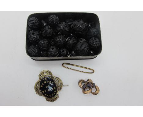 A Victorian Enamel Mourning Brooch, "In Memory of My Dear Father", within openwork border, similar with graduated collet set 
