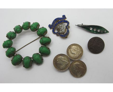 A Large Scarab Beetle Brooch, a hallmarked silver single leaf brooch, with claw set highlights (lacking pin), two coin style 