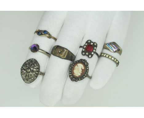 Vintage and Later "Silver" and Other Dress Rings, including cameo style, diamanté, signet, etc. (8)