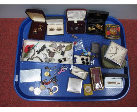 Cufflinks, Smiths travel clock, tie slides, coins etc :- One Tray  