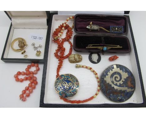 An (Odd) Hoop Earring, stamped "375" (1.6grams); a circular panel brooch stamped "TAXCO MEXICO 925", a vintage coral necklace