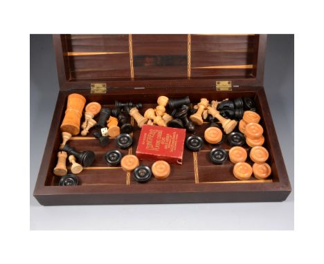 Coromandel games box with chess, draughts, backgammon, cards and dice shakers, 47cm by 26cm closed.