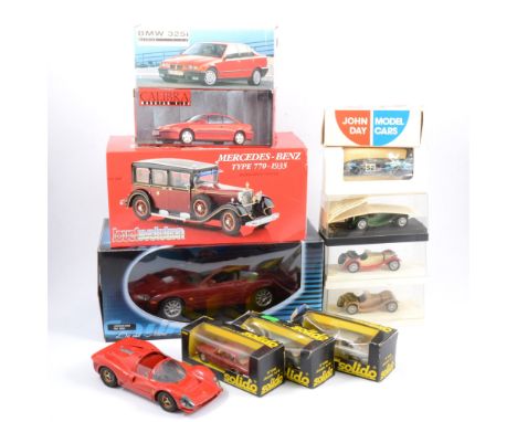 Solido diecast models, including Jaguar XKR ref.8090 1:18 scale, six small scale Solido model Jaguars, Jouef Mercedes-Benz ty