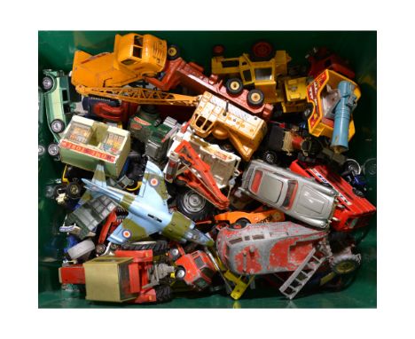 Large quantity of loose playworn diecast models, including Dinky, Corgi, Budgie and Spot-On, in three boxes.