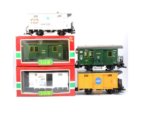 LGB railways G scale rolling stock wagons, including Green Post wagon no.3019, Nestel Peter wagon no.4032, and three other lo