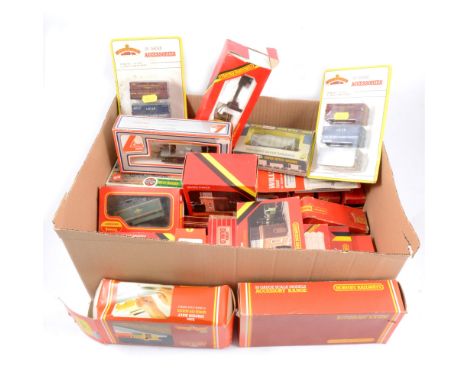 OO gauge railways coaches, wagons and track-site accessories, mostly boxed by Tri-ang, Hornby, Wrenn, Bachmann and Lima, one 
