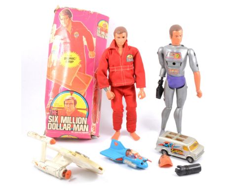 Six Million Dollar Man and Maskatron figures, one is a/f box, with accessories, Dinky Toys Star Trek USS Enterprise model, an