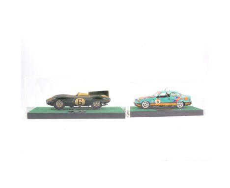 RAE Models white metal BMW British Touring Car Championship 1992, in display case, and a Jaguar D Type Le Mans 1955 in displa