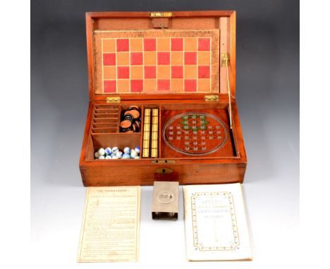 Games box compendium, with draughts, backgammon, dominoes, chess pieces and board, lead horse figures, etc, 34cm wide, 20cm d