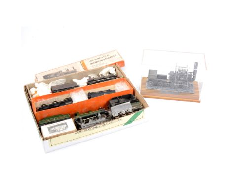A selection of white metal model kit built locomotives, tender and small track-cleaning wagon kit, along with a pewter model 