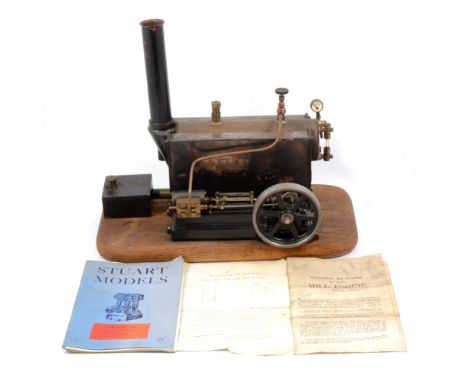Stuart Turner type S50 stationary steam engine, mounted on wooden base, including paperwork and Stuart Turner catalogue.