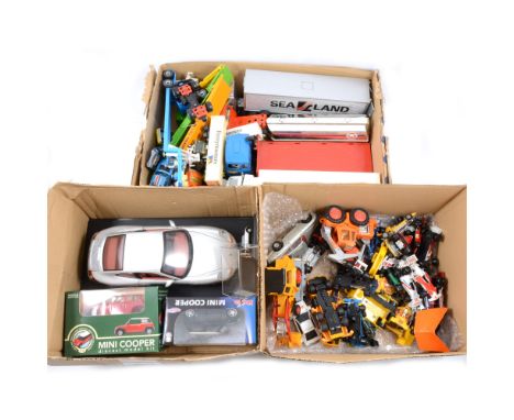 Three small boxes of diecast models, including examples by Corgi, Britains, Matchbox and others.