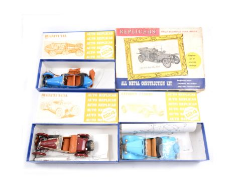 Auto Replicas white metal model kits, Citroen Cabro 1004, Bugatti T43 1001, Bugatti T43A 1003, all models put together, 1:24 