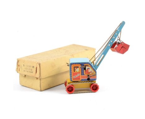 Wells-Brimtoy tin-plate ACE Construction crane lift, with original box, tracks and scoop.