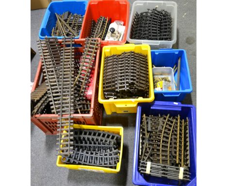 Large quantity of G scale track, mostly LGB, with selection of straights, curves, points, and loose metal track rail parts, s