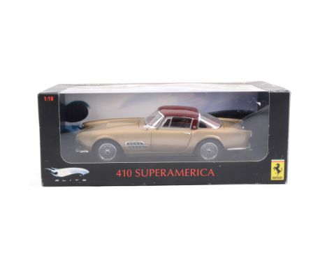Hotwheels Ferrari 410 Superamerica, 1:18 scale Elite limited edition model, gold body with red roof, boxed.