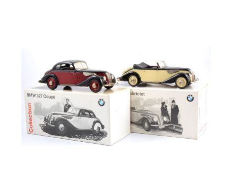 Schuco Germany modern tin-plate models, BMW 327 Coupé and BMW 327 Cabriolet, 1:18 scale, both boxed, (2).