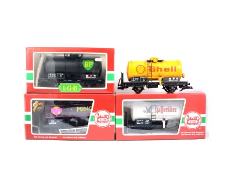 LGB railways G scale petrol tank wagons, including Minol no.41505, BP no.4040B, Hasseroder no.45406, and Shell no.40402, all 