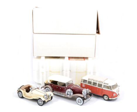 Franklin Mint 1:24 scale detailed models, including 1962 Volkswagen Microbus, 1930 Duesenberg J Derham Tourster, 1938 Jaguar 