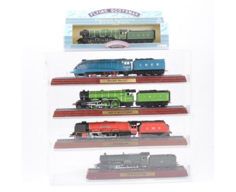 Sixteen model railway engine models on plinths and in plastic presentation cases, including Britannia Class, CFF A3/5 class, 