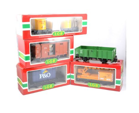 LGB railways G scale rolling stock, including mobile crane no.4042, brown box wagon no.4030, flat car with P&amp;O container 