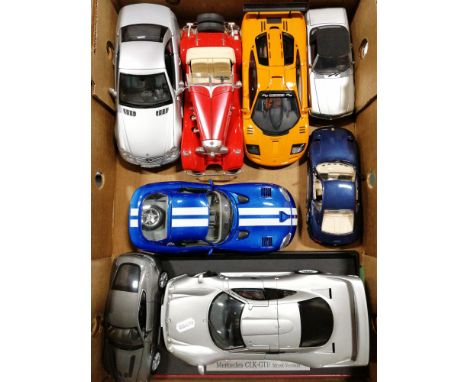 Collection of mostly 1:18 scale models, including Autoart Jaguar ,XK coupe with silver body, Franklin Mint Mercedes Benz 450S