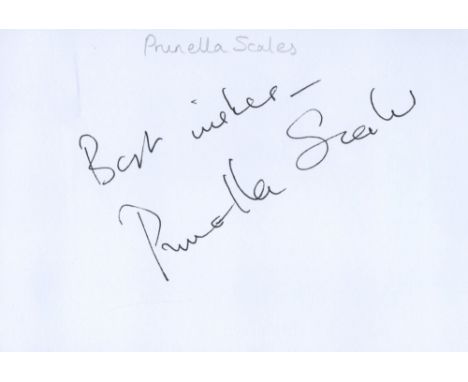 Prunella Scales signed 6 x 4 white card, signed in black pen. English actress Prunella Scales best known for portraying Sybil