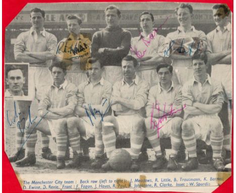 Manchester City multi signed 7x5 Black and White newspaper team photo includes 6 Maine Road legends such as R Little, K Barne