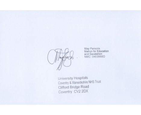 May Parsons signed 6 x 4 white card, nicely signed in black biro. May Parsons the first person ever to administer a COVID 19 