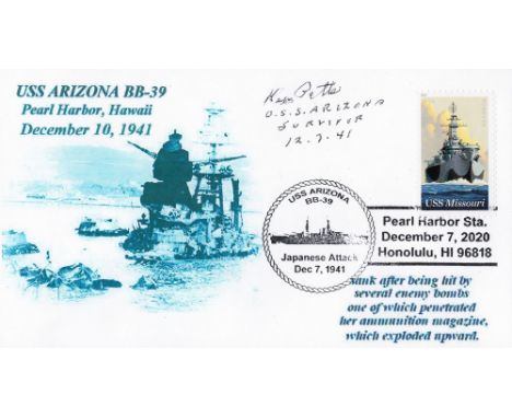 Ken Potts Survivor Signed First Day Cover, commemorating the USS Arizona BB 39 US battleship which was sunk during the attack