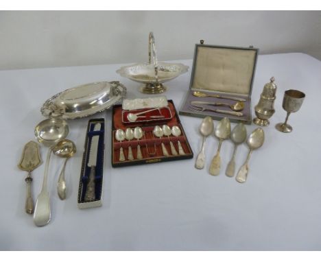A quantity of silver plate to include entrée dish, a soup ladle and flatware