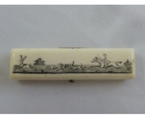 A Victorian ivory rectangular tooth pick holder, the hinged cover etched with a hunting scene