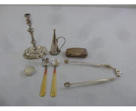 A quantity of silver to include a mid 18th century tapper stick, a Georgian snuff box, a Georgian silver patch box, a pair of