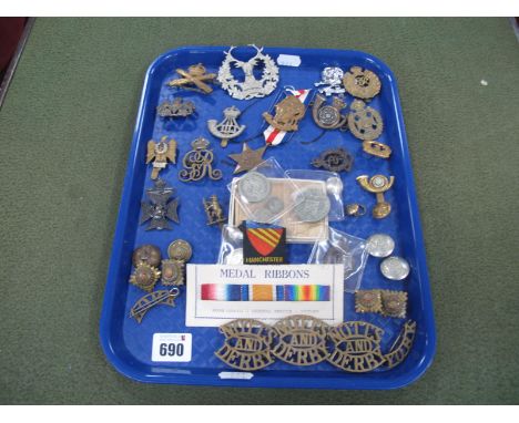 British Army Cap Badges, Shoulder, Rank Insignia and Buttons, with France &amp; Germany Star Medal and miscellaneous coins.