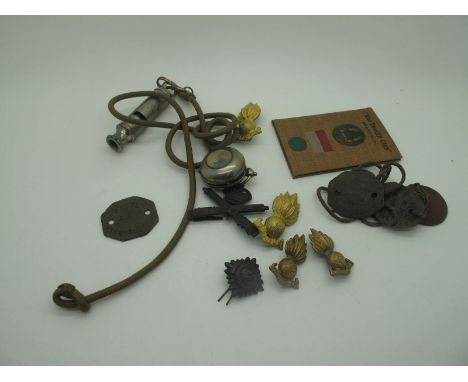 WWI Identification Tags, unmarked trench whistle, Machine Gun Corps badge, other regimental and rank insignia, military club 