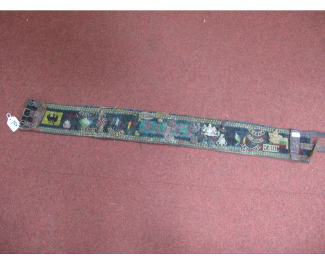 WWI Trench Art Multi-Coloured Tapestry Belt, with stitched inscription 'Allies' and attached cap badges and shoulder titles.