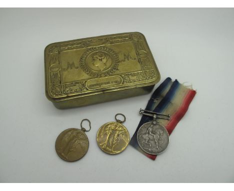 WWI Princess Mary Tin, plus British War Medal awarded to J 72614 H. Hancock B.Tel R.N, Victory Medal to M - 27231 A. Cpl. W.J