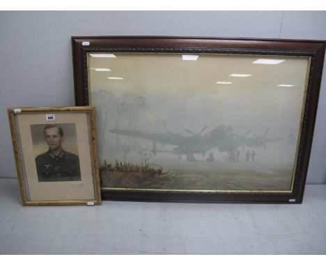 WWII Contemporary Colour Framed Portrait Photograph of German Solider, (approximately 30 x 38cm) and untitled framed print of