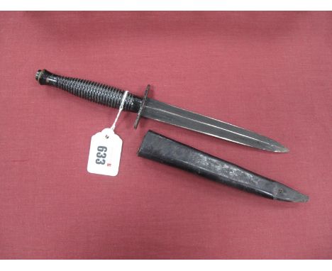 British Army Fairbairn Sykes Commando Style Fighting Knife, with leather scabbard, maker mark 'William Rogers' and illegible 