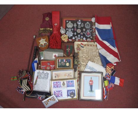 Selection of British Military, Police and Other Items, including Army cap badges, Catering Corps stable belt, Kings Own Royal