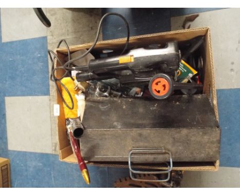 A Collection of Work Shop Tools to Include Sander, Tool Box, Brushes Etc. 