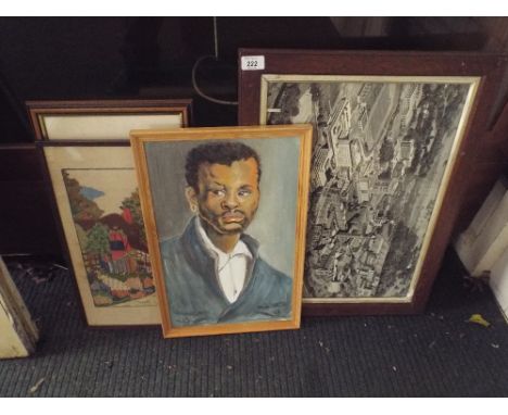 Framed City Photograph, Beach Print, Cottage Embroidery and Oil Portrait.