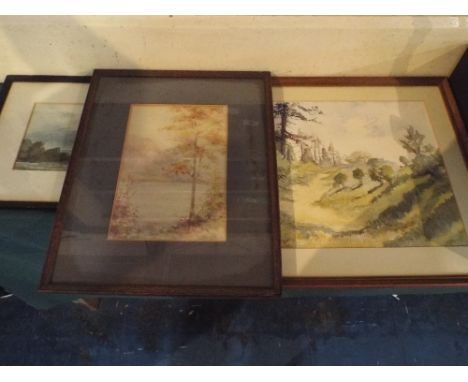 Three Frames Watercolours Woodland, Seascape, Lake Scene.
